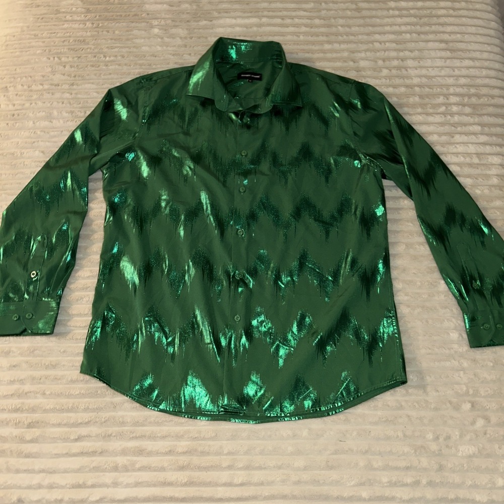 BARRY WANG Shirt Mens XL Green Chevron  Long Sleeve Party Shiny Formal